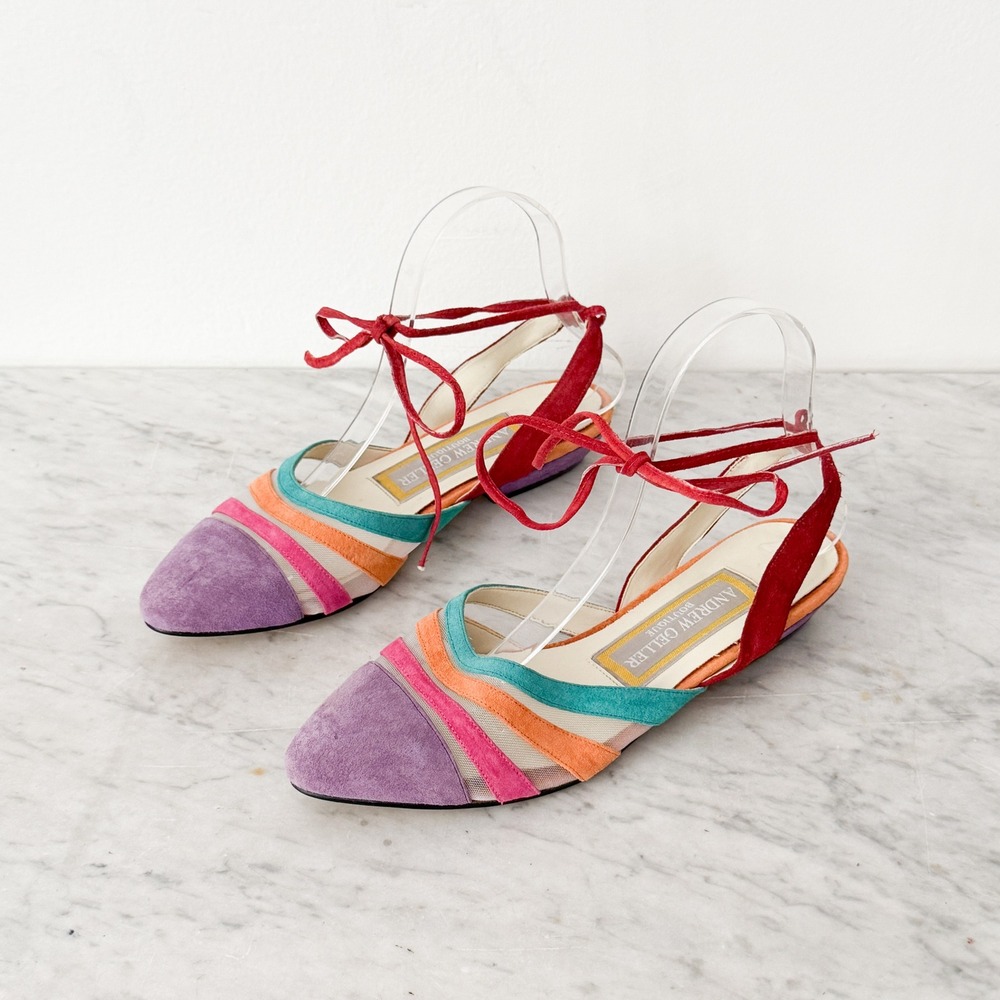 Andrew Geller Boutique Rainbow Suede Mesh Slingback Flats 8-9M Multi Ankle Tie